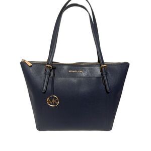 Michael Kors Navy Blue Leather Voyager Large East West Top Zip Tote Bag